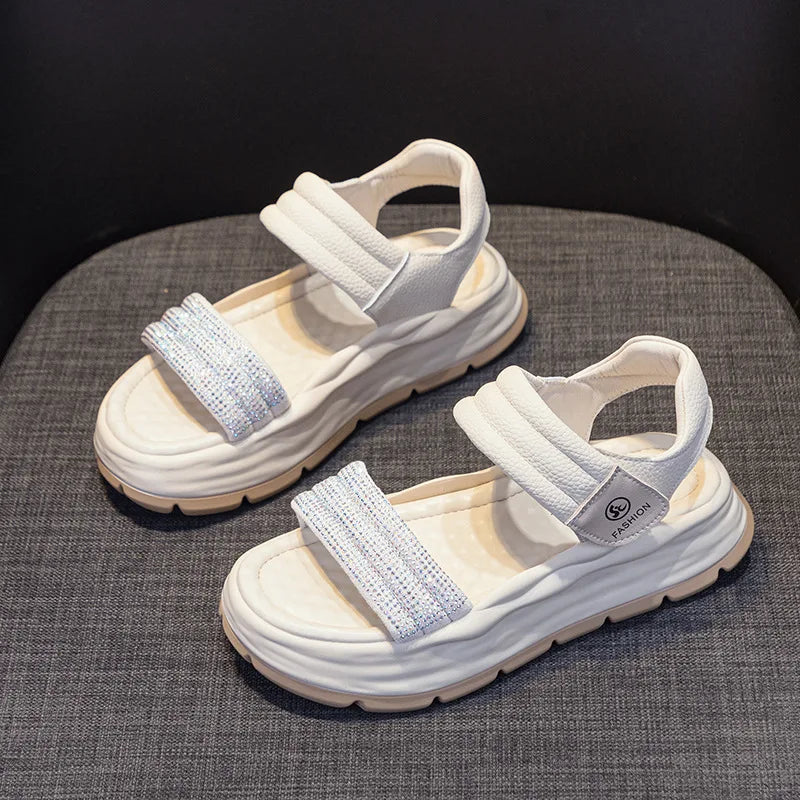 Genuine Leather Sandals Platform Wedges Women Open Toe Ladies Casual hook & loop Beach Summer Shoes