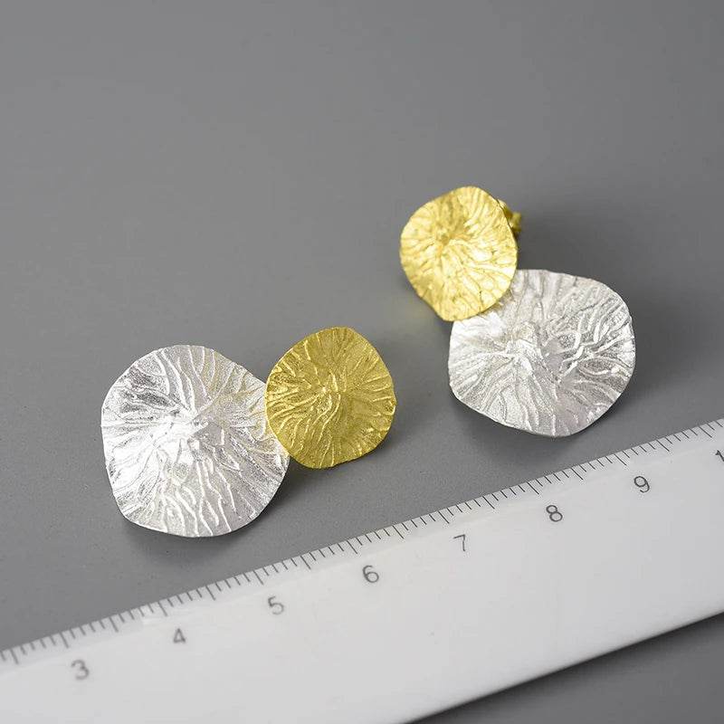 Lotus Fun Minimalism Round Vintage Double Lotus Leaves Dangle Earrings for Women Real 925 Sterling Silver Statement Fine Jewelry - Touchy Style