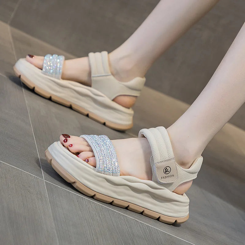 Genuine Leather Sandals Platform Wedges Women Open Toe Ladies Casual hook & loop Beach Summer Shoes