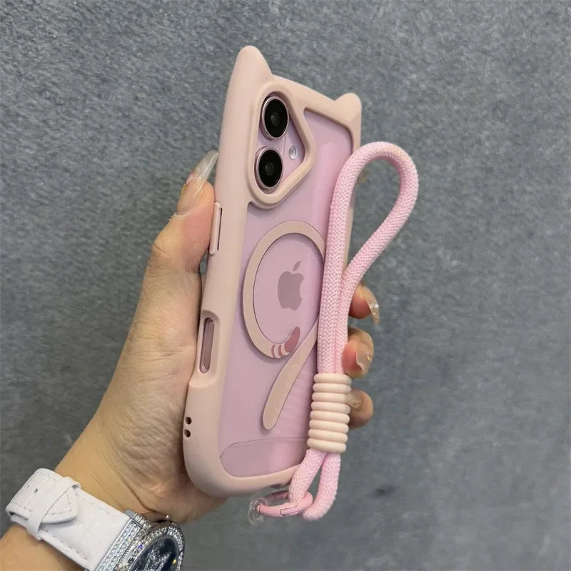 3D Cute Cat Ear Magsafe Case for iPhone 13 14 15 16 Pro Max 11 12 15 16 Plus Transparent PC Armor Cover with Wrist Strap Chain