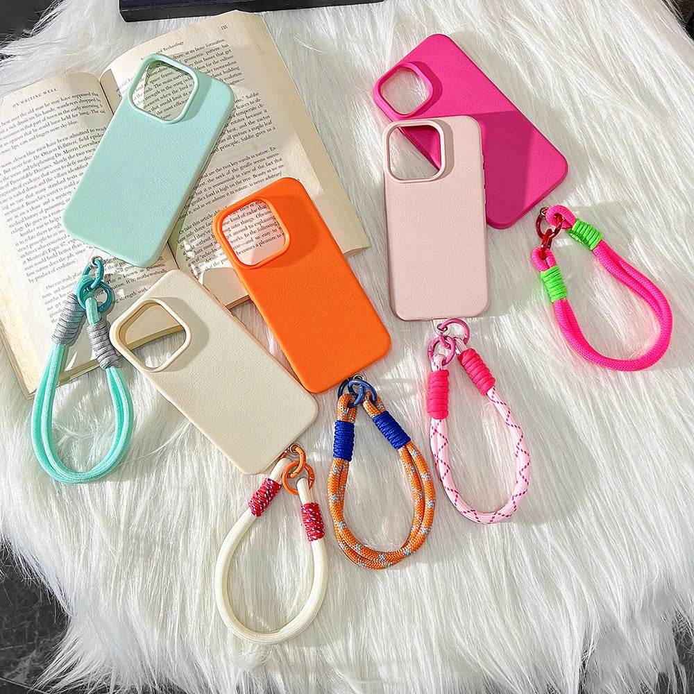 Lanyard Strap Rope Silicone Phone Case For iPhone 13 11 15 12 14 16 Pro Max Plus Soft Candy Color Lichee Pattern Leather Cover
