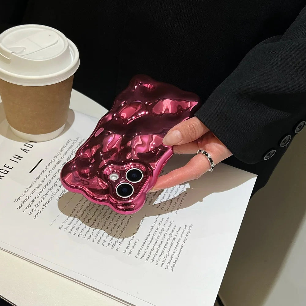 Luxury Curved Waves 3D Bubble Plating Glossy Phone Case For iPhone 16 15 Plus 14 13 12 Pro Max 11 Shockproof Soft Bright Cover