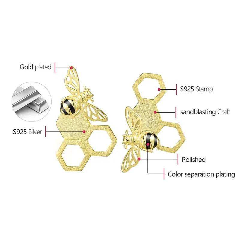Lotus Fun 18K Gold Unusual Asymmetrical New Honeycomb and Bee Stud Earrings for Women Original Real 925 Sterling Silver Jewelry - Touchy Style