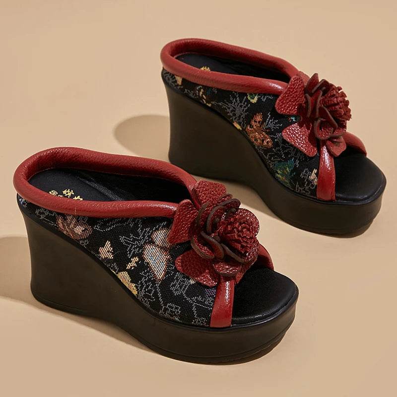 Ethnic Style Women Slippers Summer Embroider Flowers Wedges Open Toe Slippers Outside Genuine Leather Platform Slides - Touchy Style