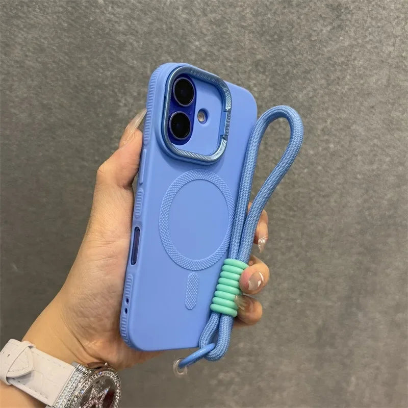 Luxury Camera Lens Stand Holder For Magsafe Case for iPhone 16 15 14 Plus 13 12 Pro Max 11 Matte Soft Lanyard Strap Band Cover