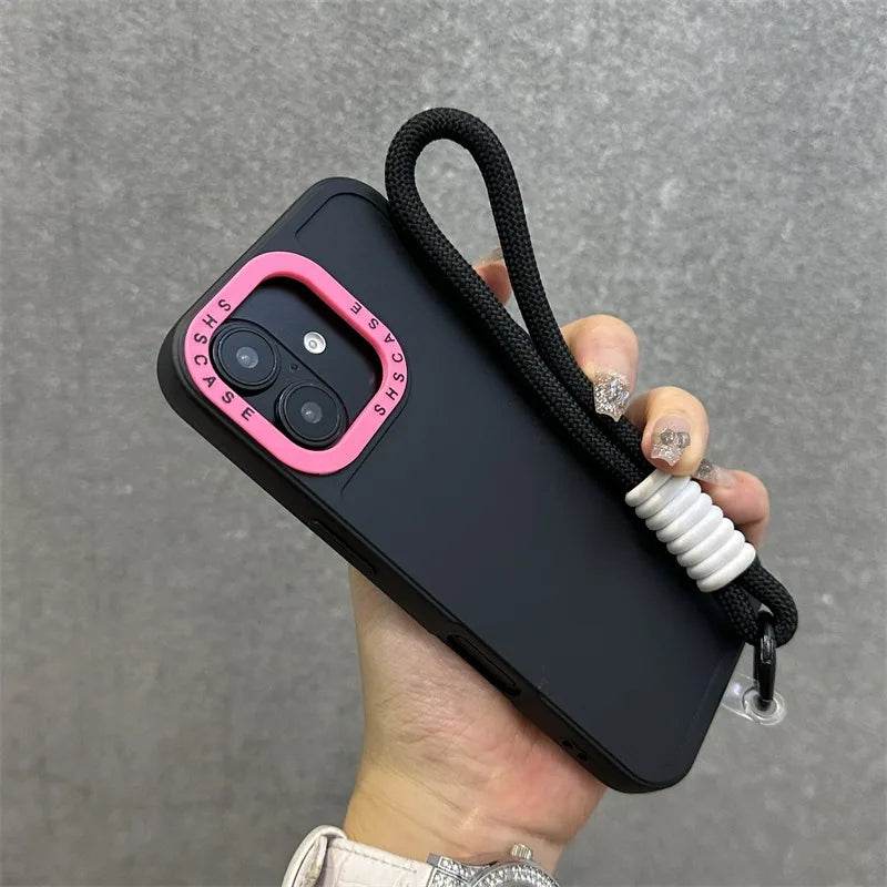 Collision Color Lens Protector Soft Case For iPhone 16 15 ProMax 14 Plus 13 12 11 Xs Max Xr X Luxury Wrist Strap Lanyard Cover