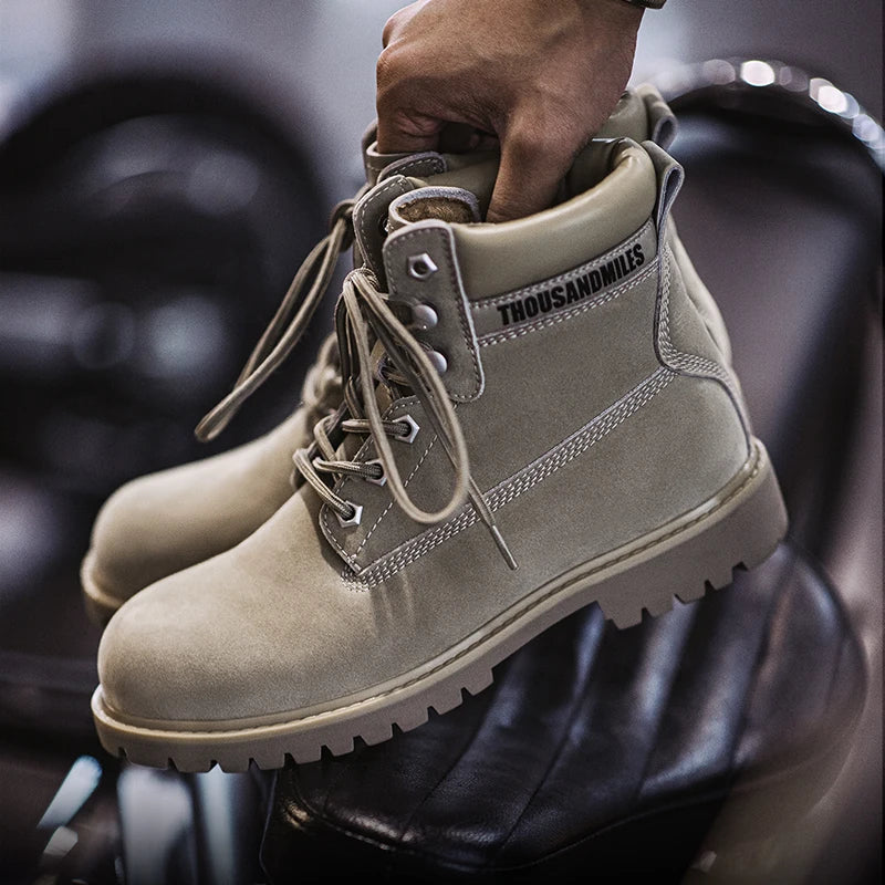 Maden Casual Desert Grey Boots Thick-soled Mid-cut Work Boots for Men Versatile Warm Leather Boots for Autumn and Winter Shoes
