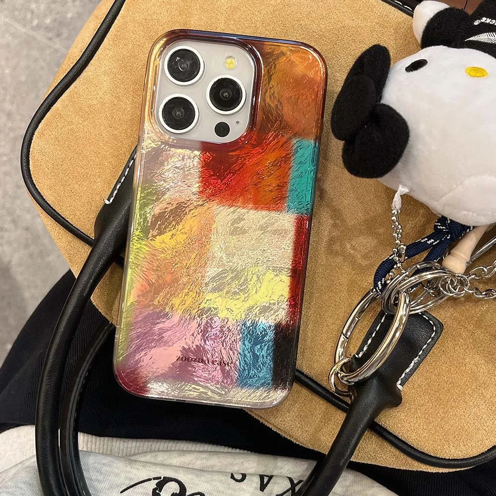 Vortex Pattern Color Grid Splicing Case For iPhone 16 Pro Max 15 14 13 12 Cover Cute Dopamine Color Block Match Plaid Soft Phone