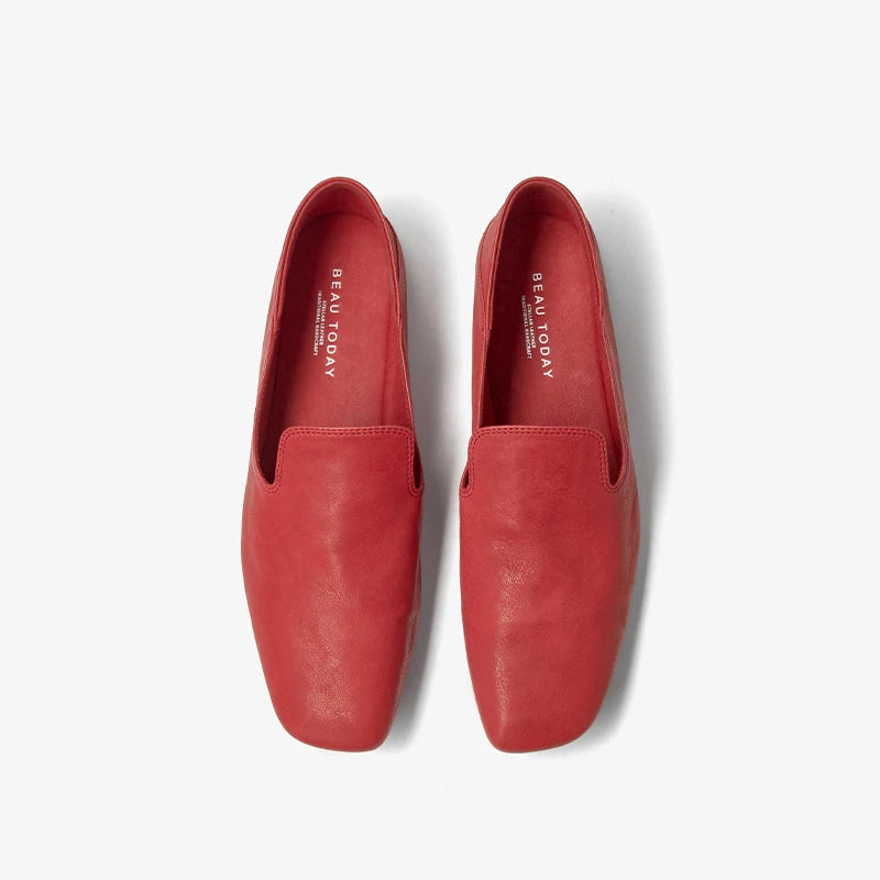 BEAUTODAY Casual Loafers Women Horse Leather Solid Slip-On Square Toe Flats Summer Shallow Boat Ladies Shoes Handmade 26259