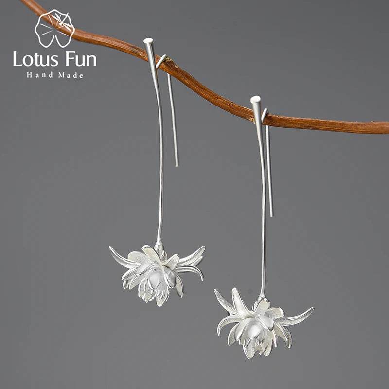 Lotus Fun 18K Gold Night-Blooming Cereus Flower Long Dangle Earrings for Women 925 Sterling Silver Original Luxury Fine Jewelry - Touchy Style