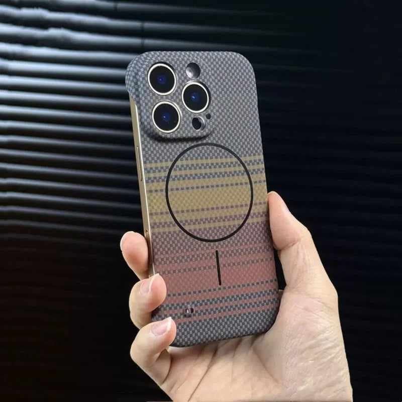 Ultra Thin Carbon Fiber Magsafe Wireless Charge Case for iPhone 16 15 14 Plus 13 12 11 Pro Max Frameless Kevlar Texture PC Cover