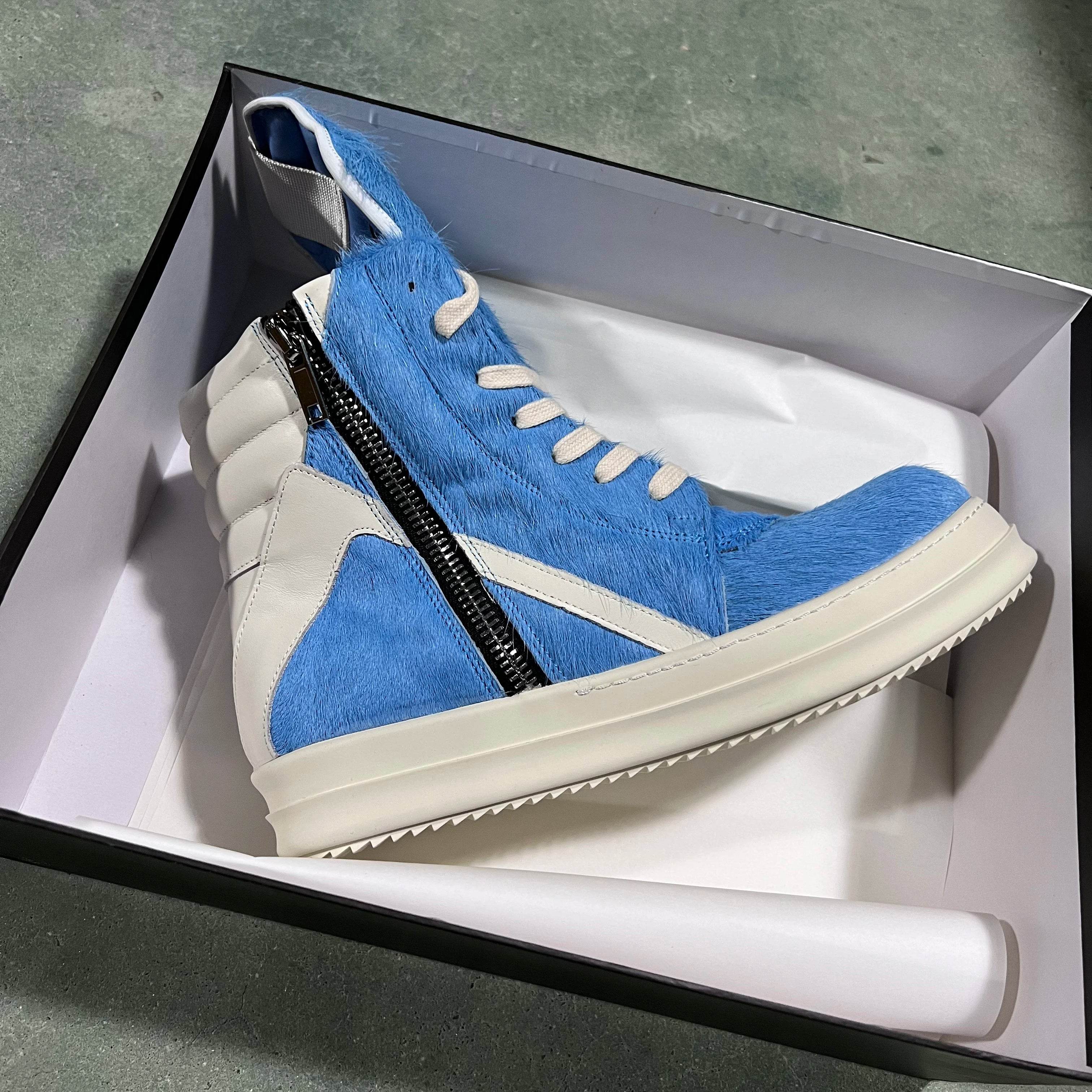 Brand Women Sneaker Horse Fur Casual Roman High Top Men Shoe Leather Geobasket Blue Zip Designer Quality Thick-sole Ankle Boot - Touchy Style
