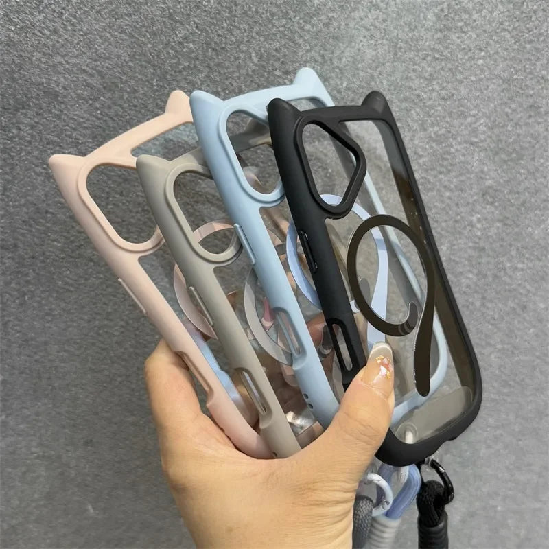3D Cute Cat Ear Magsafe Case for iPhone 13 14 15 16 Pro Max 11 12 15 16 Plus Transparent PC Armor Cover with Wrist Strap Chain