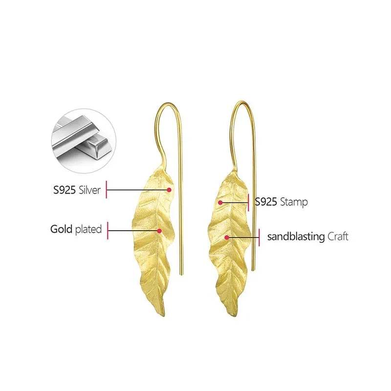 Lotus Fun 18K Gold Unusual New Long Green Ash Leaves Dangle Earrings for Women 925 Sterling Silver Luxury Quality Fine Jewelry - Touchy Style