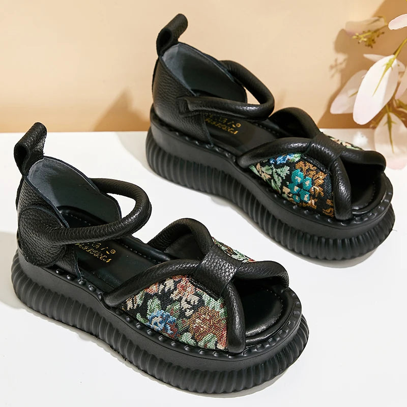Summer New Versatile Genuine Leather Peep Toe Sandals Retro Comfortable Thick Soled Hook & Loop Women&