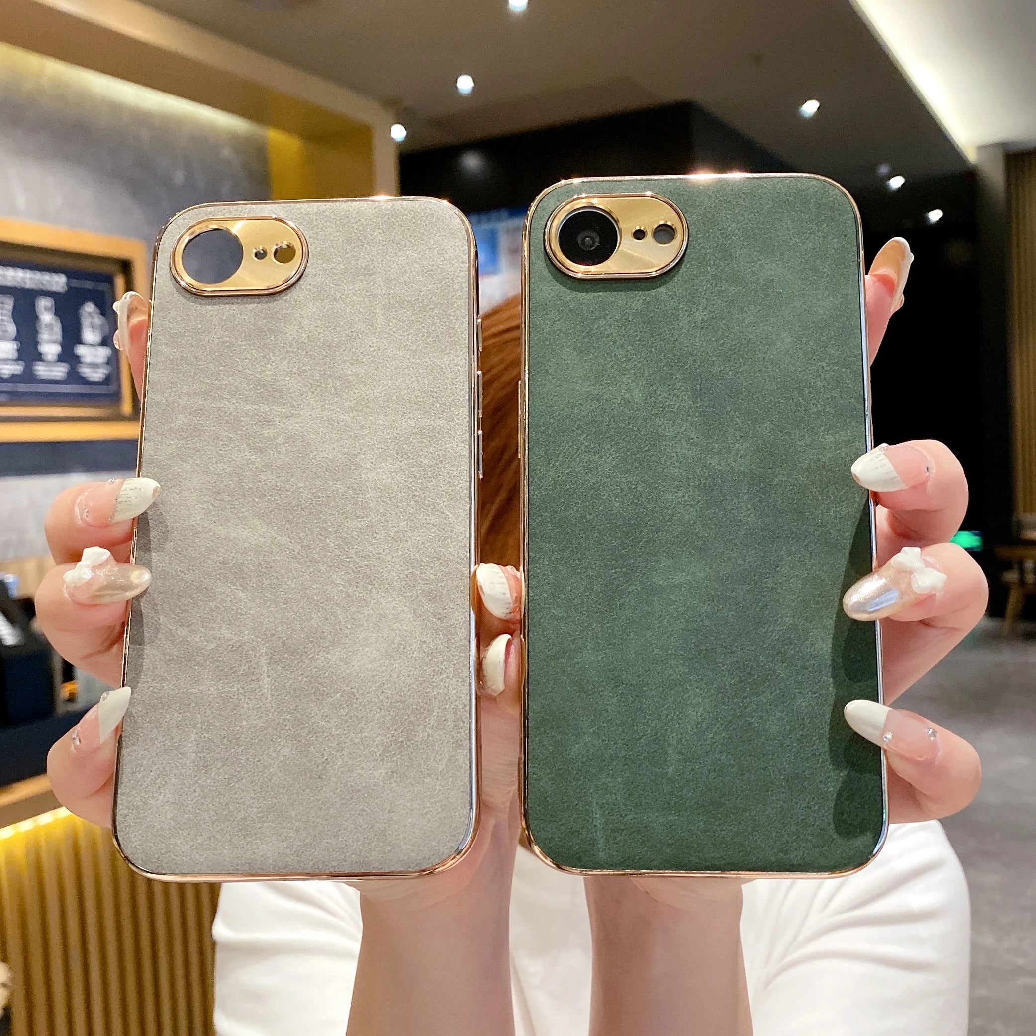 Lambskin Leather Plating Frame Bumper Cases For iPhone 16E 16 15 14 13 12 11 Pro Max Plus Retro Frosted Shockproof Hard Cover