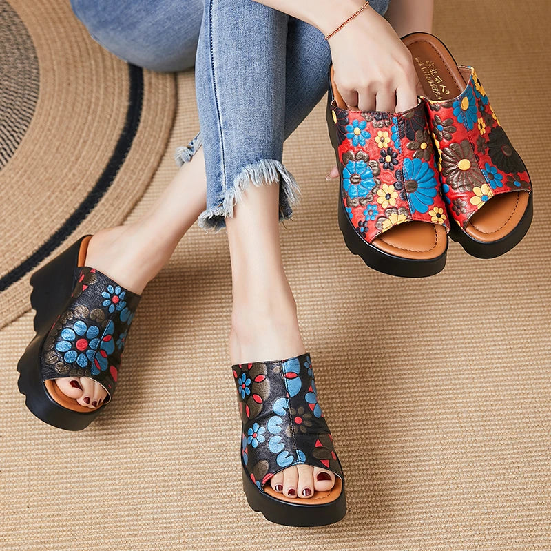 Genuine Leather Flowers Women Fashion Slippers Sandals New Summer Thick Sole High Heel Silppers Outer Wear Sandals