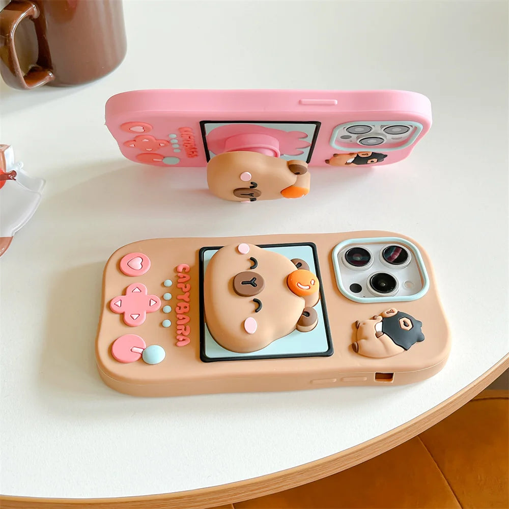 Lovely 3D Capybara Hidden Holder Stand Silicone Phone Case For iPhone 11 12 13 14 15 16 Pro Max Plus Cute Girl Cover
