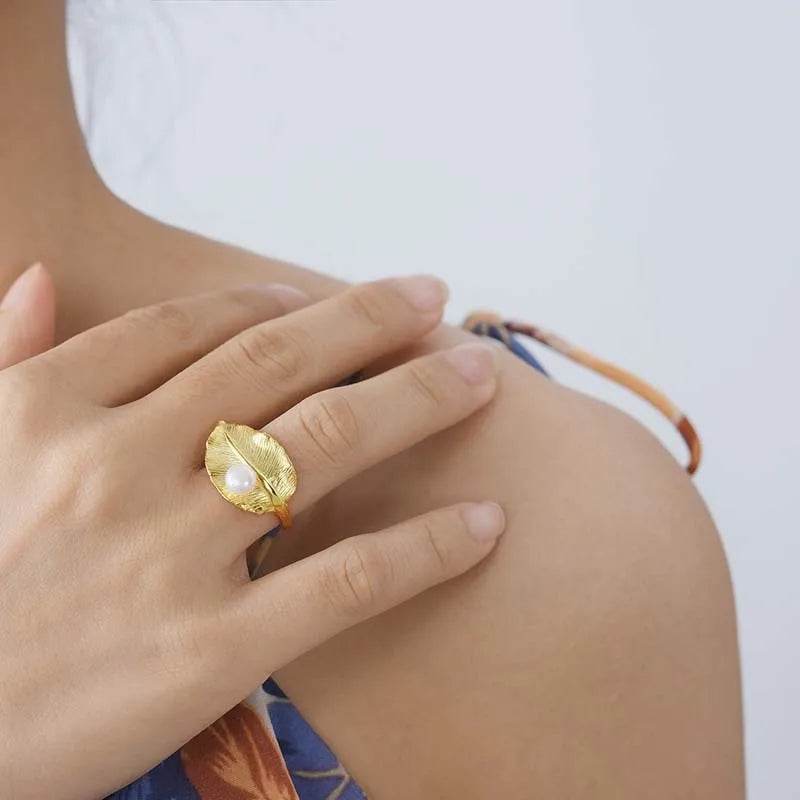 Lotus Fun 18K Gold Natural Pearl Adjustable Wedding New Leaf Rings for Women Real 925 Sterling Silver Dating Luxury Fine Jewelry - Touchy Style