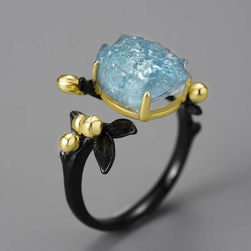 Lotus Fun 18K Gold Natural Aquamarine Gemstone Flower Adjustable Rings for Women Real 925 Sterling Silver Fine Luxury Jewelry - Touchy Style