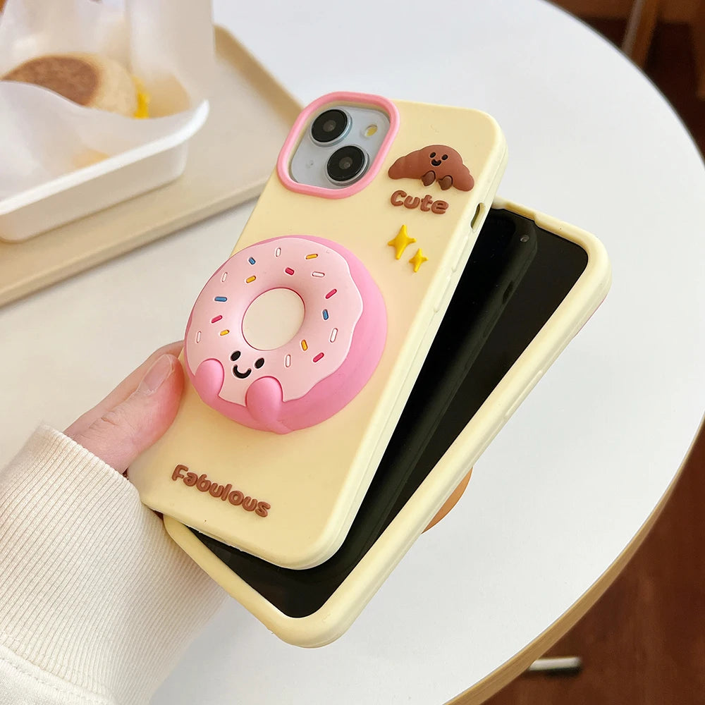 Cute Sweet Fabulous Donut Cookies Bread Cake Case For iPhone 16 15 14 Plus 13 12 Pro Max Soft Silicone Cover With Stand Holder