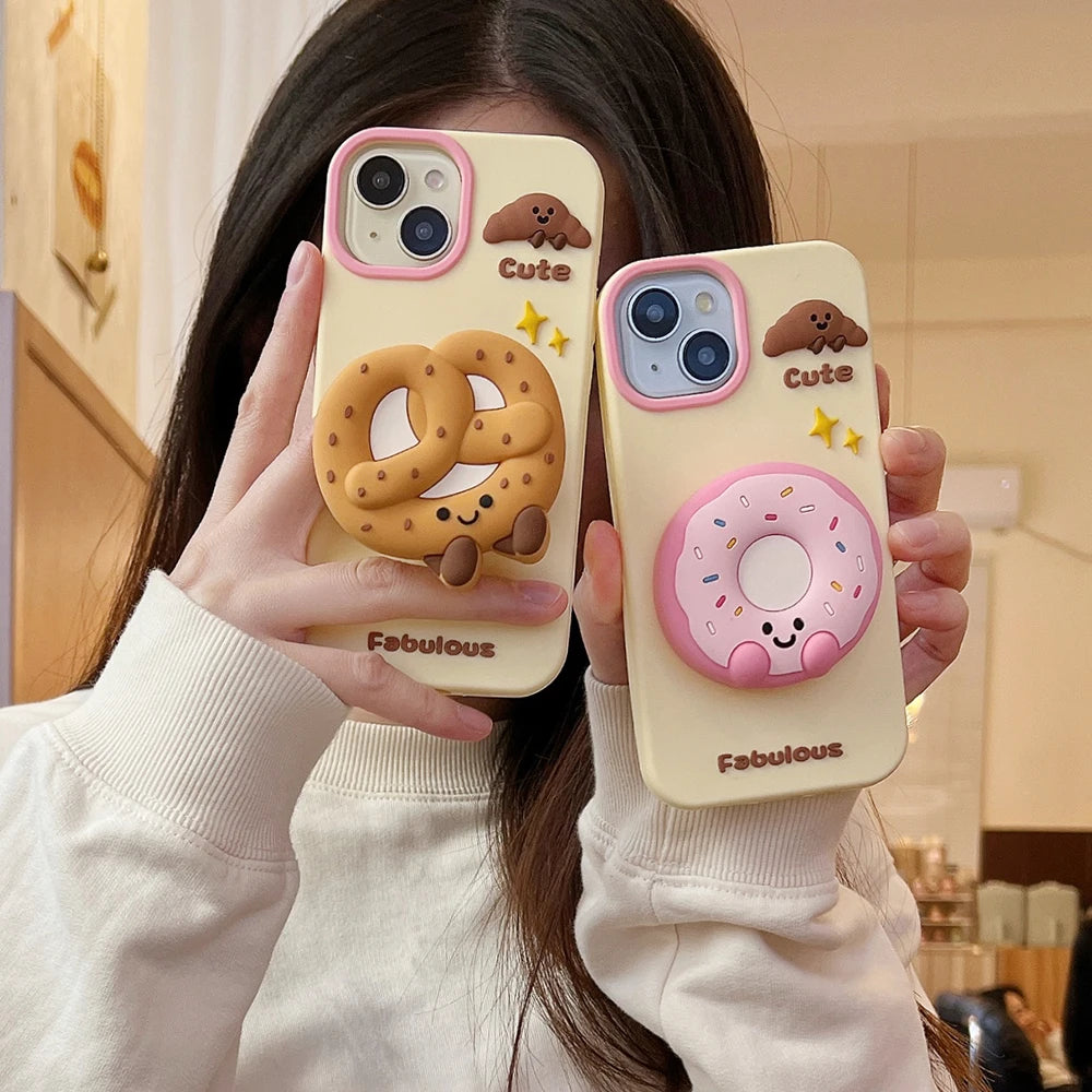 Cute Sweet Fabulous Donut Cookies Bread Cake Case For iPhone 16 15 14 Plus 13 12 Pro Max Soft Silicone Cover With Stand Holder