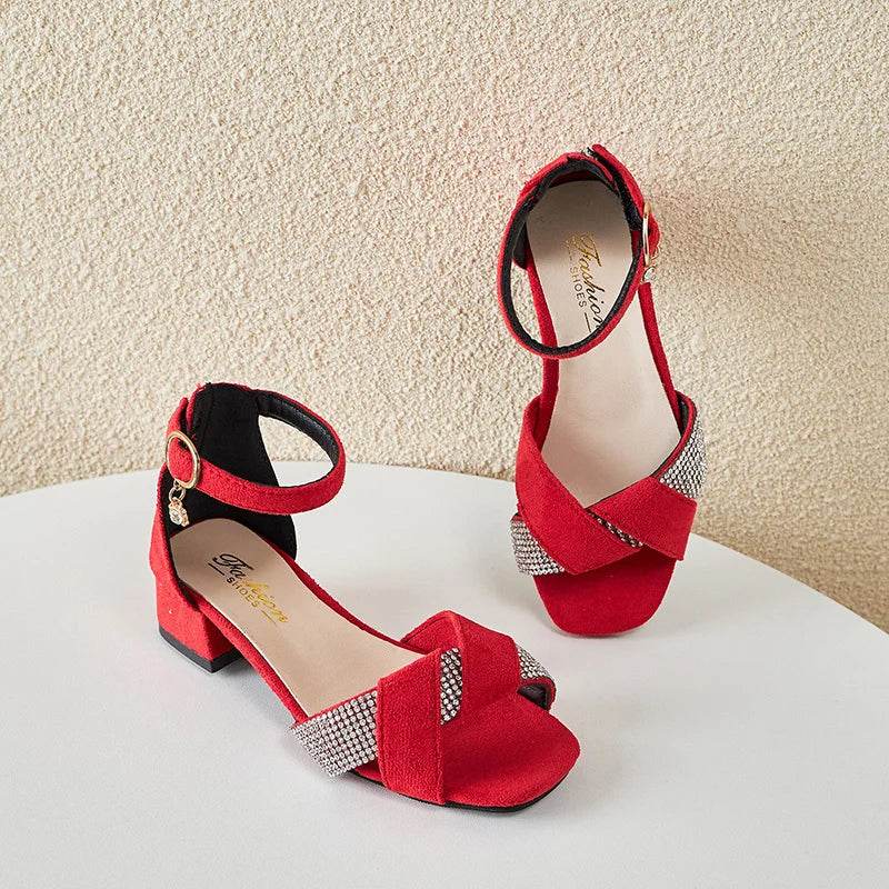 Children Sandals for Girls Rhinestones Toes Wrapped Chic Low Heels 2023 Sweet Princess Mary Janes for Party Wedding Shows Simple - Touchy Style
