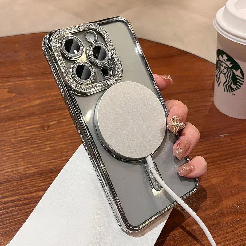 SCCPC1039 Cute Phone Case for iPhone 16, 15, 14, 13, 12, or 11 Pro Max Plus - Diamond Glitter Magnetic Charging Cover