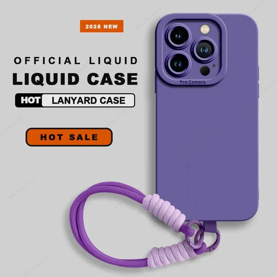 Phone Case For iPhone 16E 16 14 15 Plus 12 13 Mini 11 16 Pro X XR XS Max SE Liquid Silicone Charm Strap Lanyard Protector Cover - Touchy Style