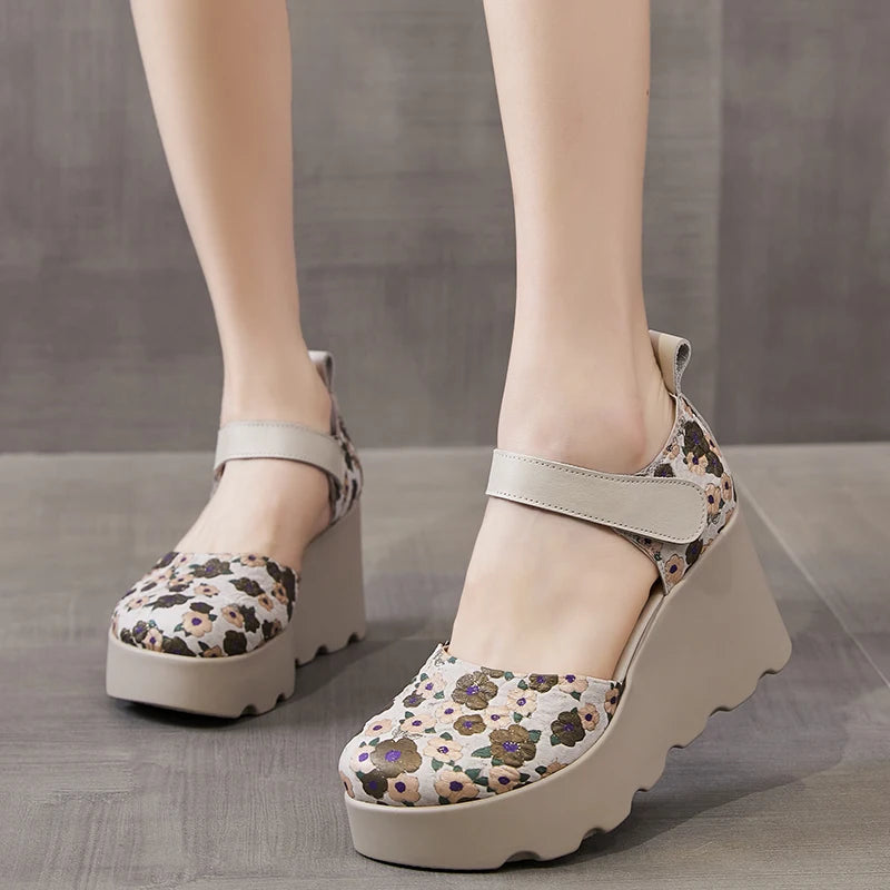 Women Sandals Genuine Leather New Summer Women Shoes hook & loop Retro Wedges Casual Print Platform Ladies Sandals
