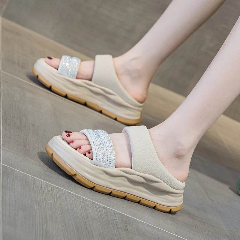 Crystal Genuine Leather Slippers Women Thick Sole Summer Height Increasing Casual Shoes Wedges Platform Slides