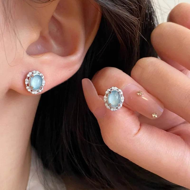 PANJBJ 925 Sterling Silver Blue Crystal Studs Earrings For Women Zircon Geometry Design Sweet Banquet Jewelry Gift Dropshipping - Touchy Style