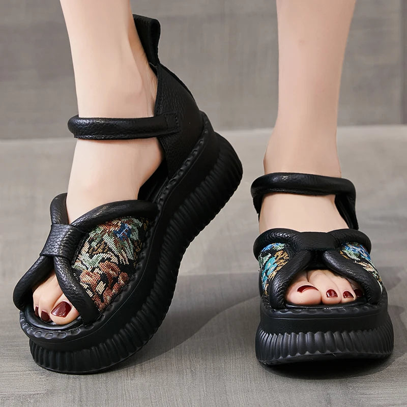 Summer New Versatile Genuine Leather Peep Toe Sandals Retro Comfortable Thick Soled Hook & Loop Women&