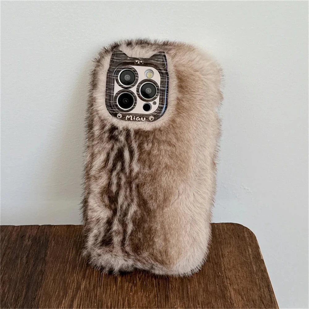 Cute Cat Fluffy Gradient Plush Phone Case For iphone 16 15 13 12 Pro Max 14 Plus 11 Girl Winter Warm Cover Cartoon Soft Shell