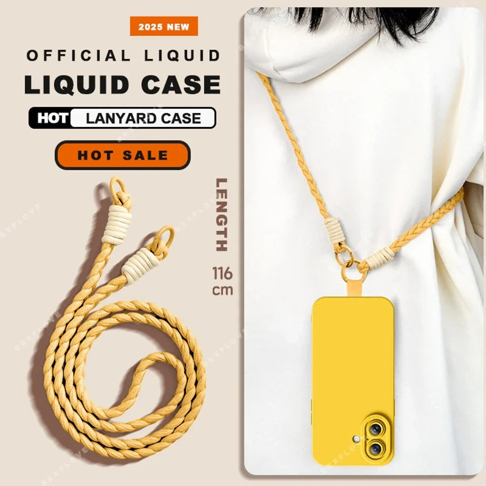 Lanyard Liquid Silicone Phone Case For iPhone 16 14 15 Plus 12 13 Mini 11 16 Pro X XR XS Max 16E SE Strap Protector Soft Cover