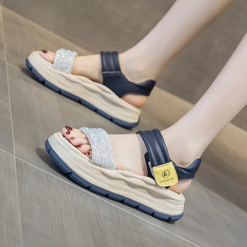 Genuine Leather Sandals Platform Wedges Women Open Toe Ladies Casual hook & loop Beach Summer Shoes