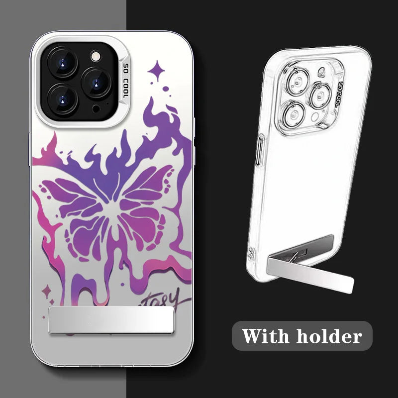 Purple Butterfly Phone Holder Case for iPhone 15 16 14 13 12 11 Pro Max X Xs Max XR 7 8 Plus Mini Luxury Aurora Stand Cover