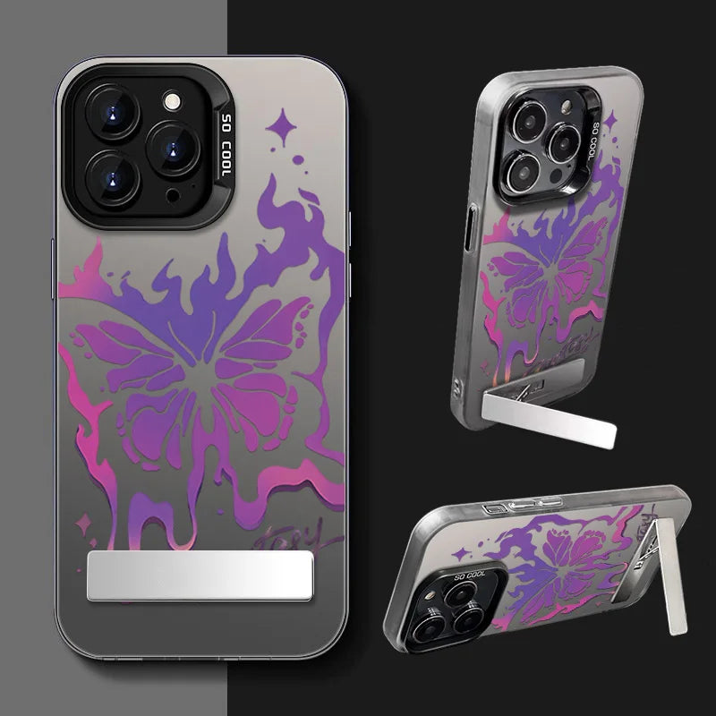 Purple Butterfly Phone Holder Case for iPhone 15 16 14 13 12 11 Pro Max X Xs Max XR 7 8 Plus Mini Luxury Aurora Stand Cover