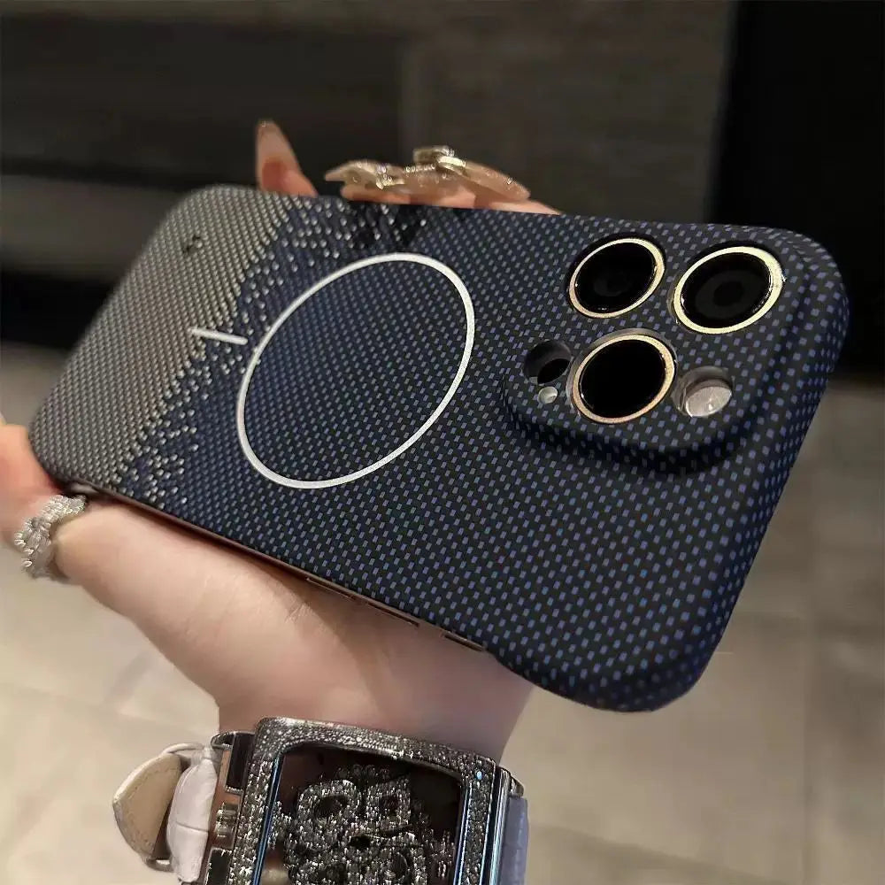 Ultra Thin Carbon Fiber Magsafe Wireless Charge Case for iPhone 16 15 14 Plus 13 12 11 Pro Max Frameless Kevlar Texture PC Cover
