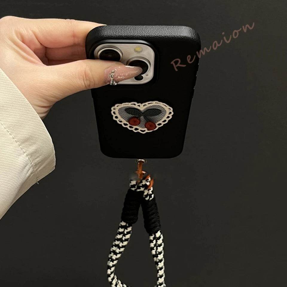 Pu Leather Cute Cherry Lace Phone Case For iPhone 15 14 13 12 11 16 Pro Max XS XR 7 8 Plus SE 2020 Protector Soft Candy Cover