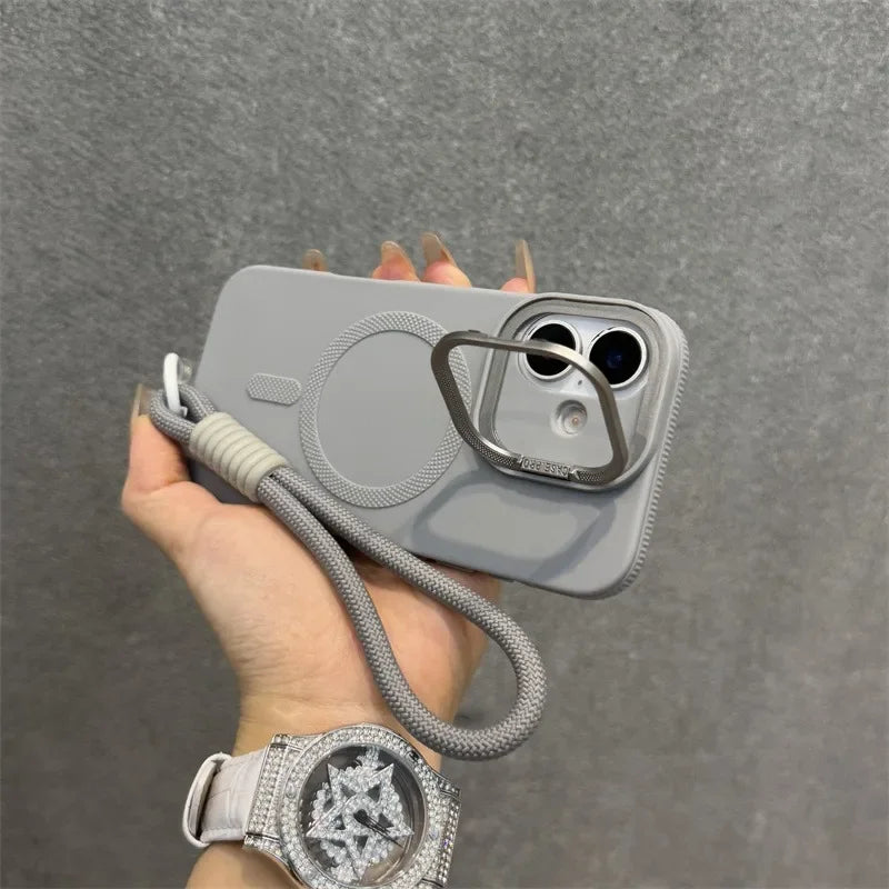 Luxury Camera Lens Stand Holder For Magsafe Case for iPhone 16 15 14 Plus 13 12 Pro Max 11 Matte Soft Lanyard Strap Band Cover