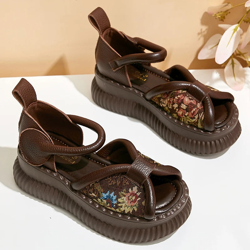 Summer New Versatile Genuine Leather Peep Toe Sandals Retro Comfortable Thick Soled Hook & Loop Women&