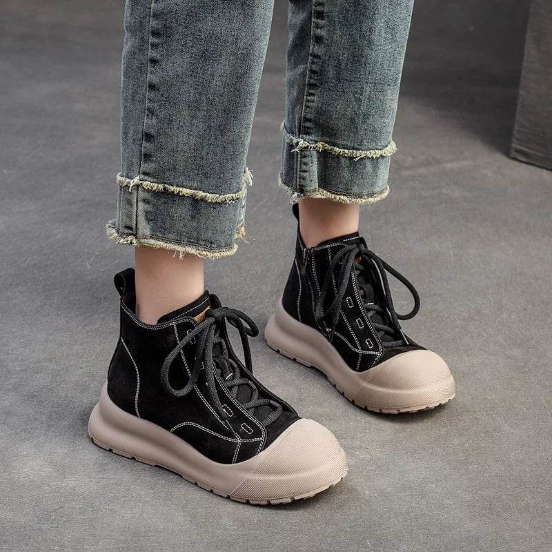 Autumn Retro Genuine Leather Short Boots Lace-Up High Top Comfortable Sneakers Thick Sole Platform Women&