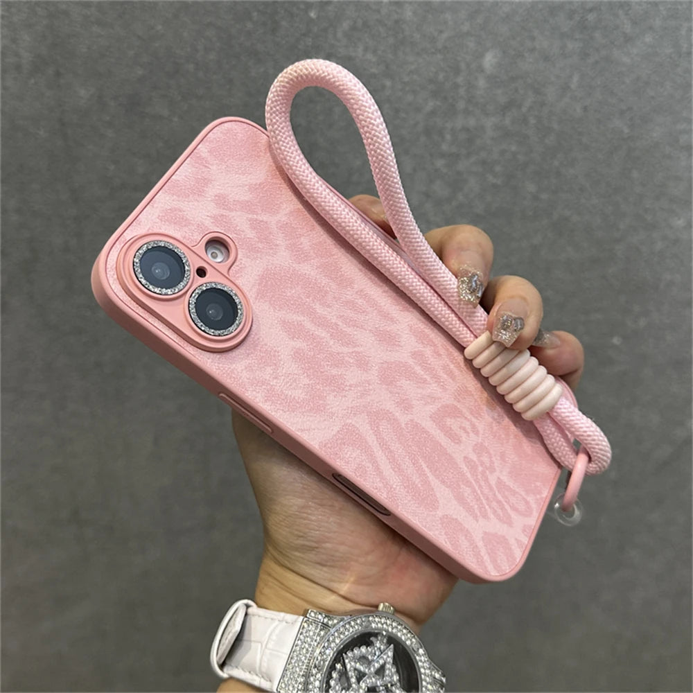 Fashion Leopard Print Pattern Bracelet Wrist Strap Cute Phone Case For iPhone 15 14 13 12 11 16 Pro Max Plus Shockproof Bumper Cover