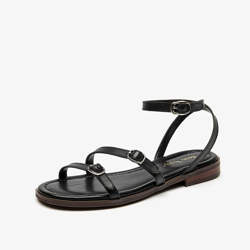 BEAUTODAY Fashion Sandals Women Cow Leather Buckle Strap Open Toe Solid Color Casual Ladies Flat Shoes Handmade 32403