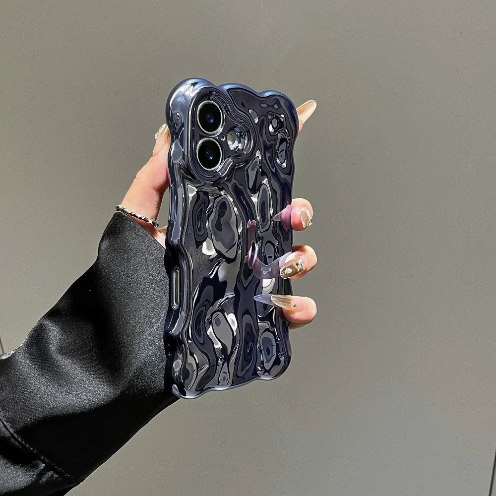 Luxury Curved Waves 3D Bubble Plating Glossy Phone Case For iPhone 16 15 Plus 14 13 12 Pro Max 11 Shockproof Soft Bright Cover