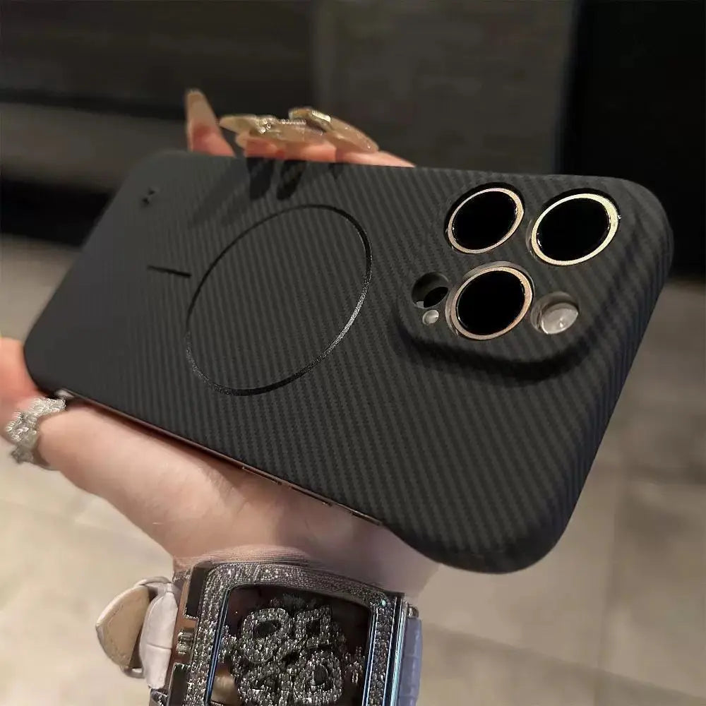 Ultra Thin Carbon Fiber Magsafe Wireless Charge Case for iPhone 16 15 14 Plus 13 12 11 Pro Max Frameless Kevlar Texture PC Cover