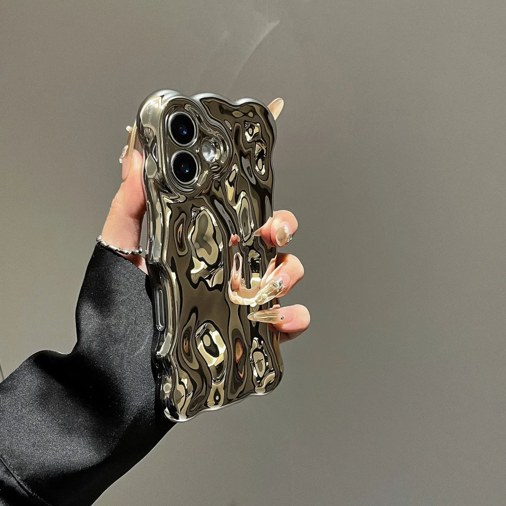 Luxury Curved Waves 3D Bubble Plating Glossy Phone Case For iPhone 16 15 Plus 14 13 12 Pro Max 11 Shockproof Soft Bright Cover