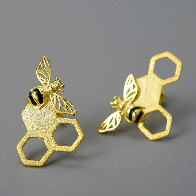 Lotus Fun 18K Gold Unusual Asymmetrical New Honeycomb and Bee Stud Earrings for Women Original Real 925 Sterling Silver Jewelry - Touchy Style