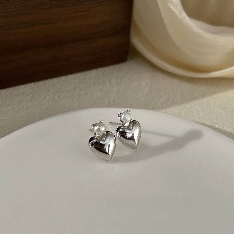 PANJBJ 925 Sterling Silver Love Heart Earrings For Women Pearl Temperament Sweet Romantic Jewelry Party Gift Dropshipping - Touchy Style